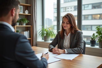 Femme d'affaires et agent immobilier discutant dans un salon lumineux