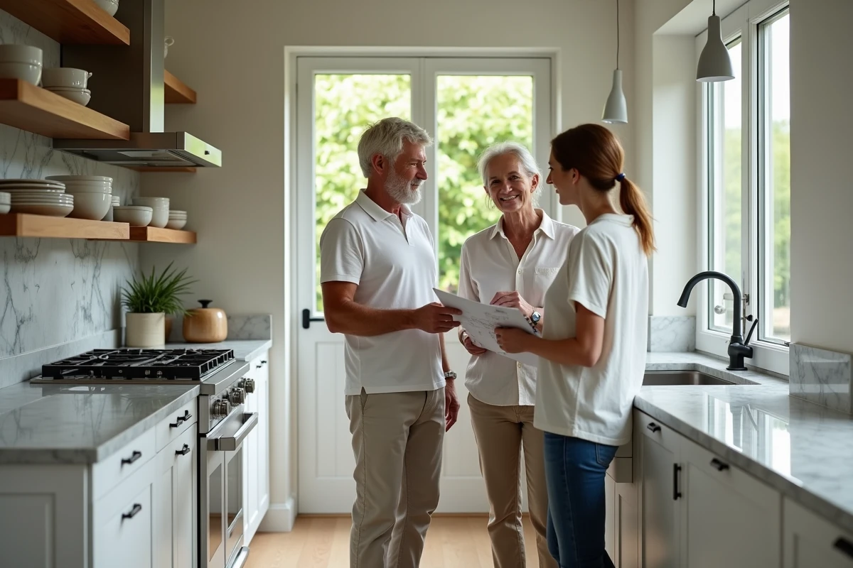 Couple discutant avec une chercheuse de lieux dans une cuisine moderne pour une location de maison destinée au tournage