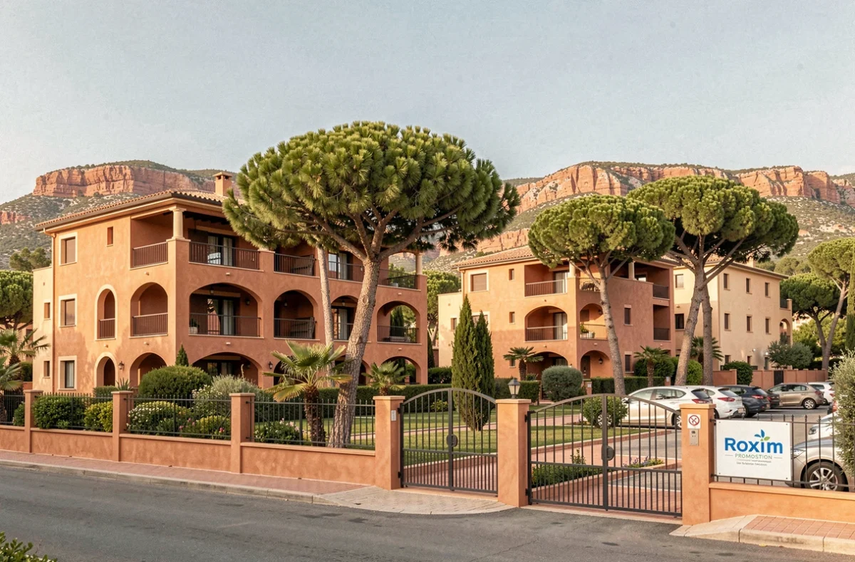 Résidence neuve Roxim Promotion à Fréjus dans le Var avec architecture provençale et pins méditerranéens