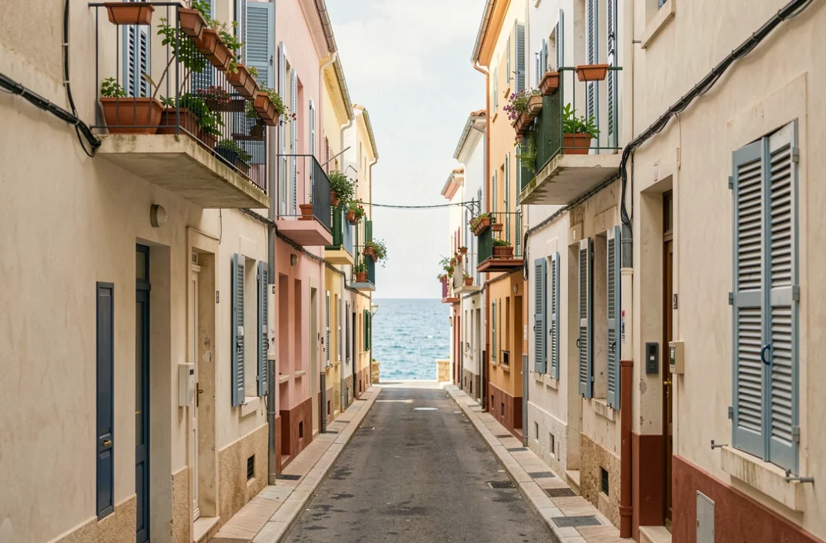 Rue résidentielle typique des quartiers sud de Marseille avec maisons colorées et vue sur la mer Méditerranée au fond