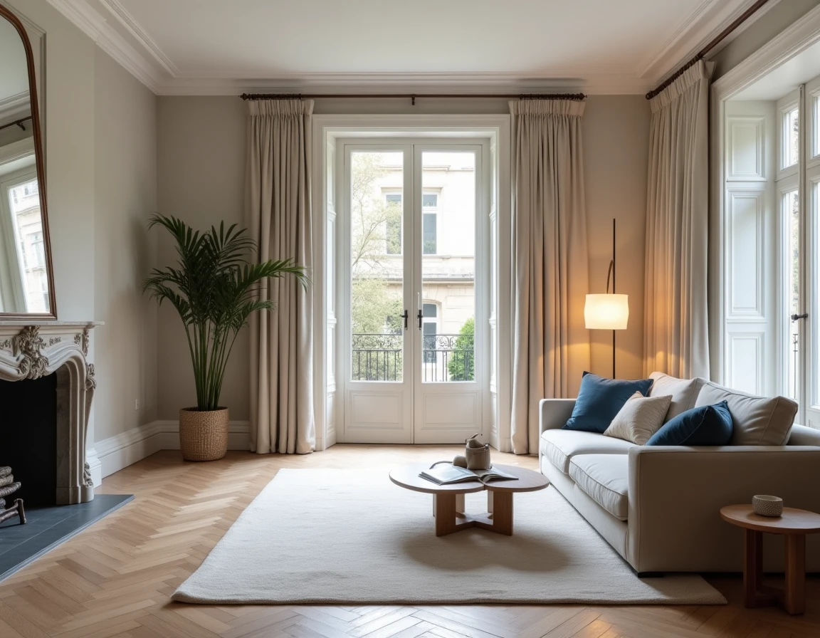 Salon vide d'un appartement de luxe à Bordeaux avec parquet en chevrons, cheminée en marbre et fenêtres ouvrant sur une cour en pierre classique