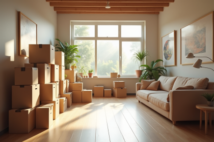 Salon spacieux avec cartons et mobilier lumineux