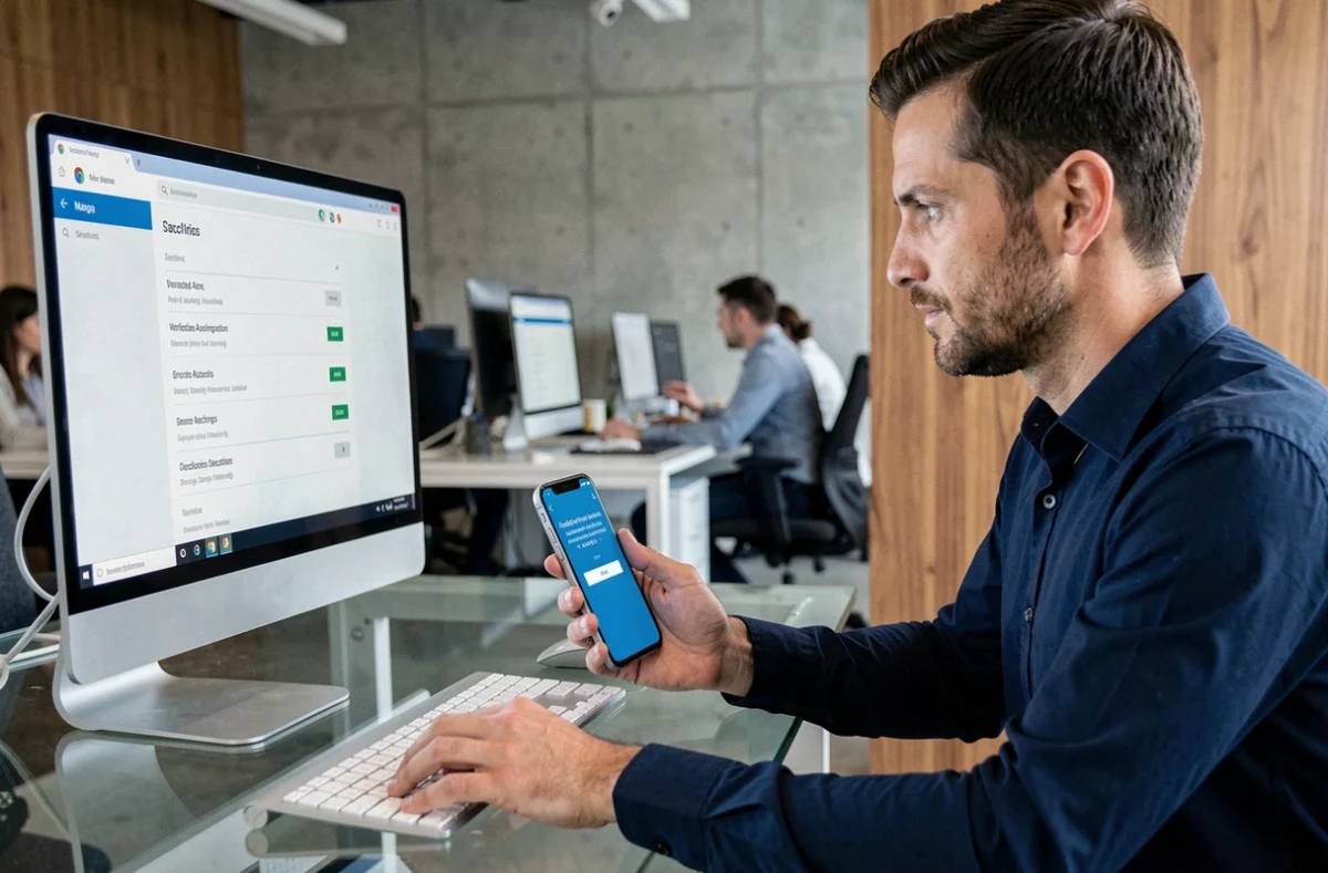 Homme sécurisant son compte Foncia avec une authentification à deux facteurs sur smartphone au bureau
