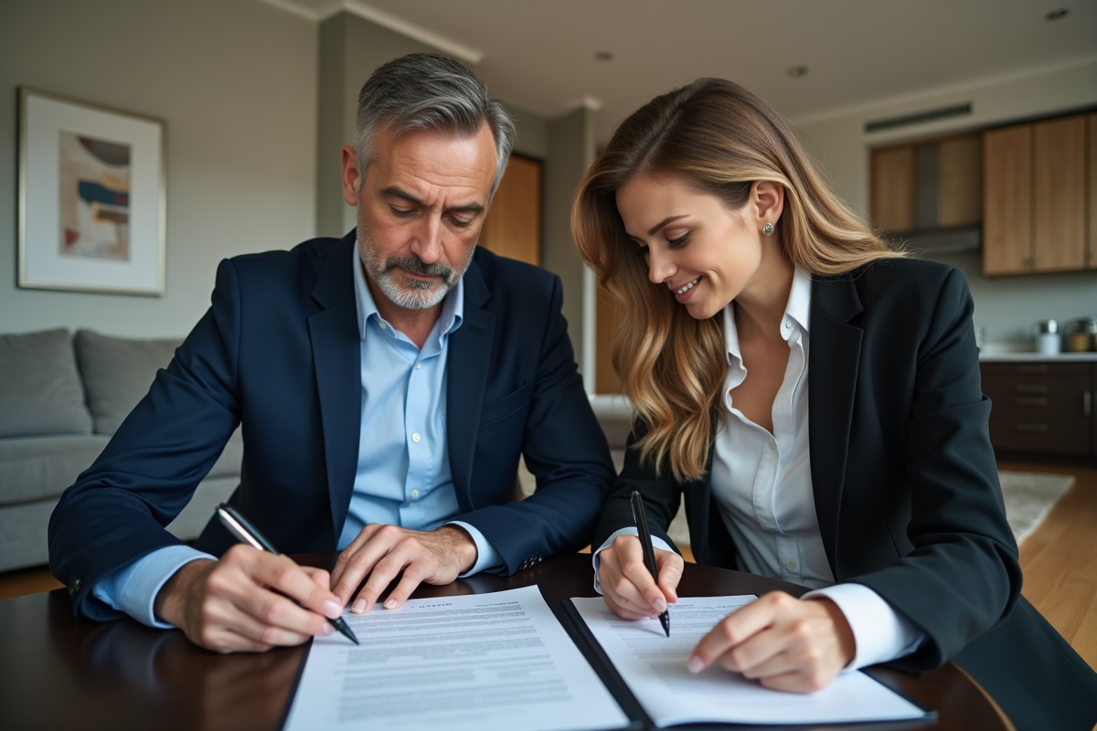 Homme signant un contrat de location avec une femme dans un salon