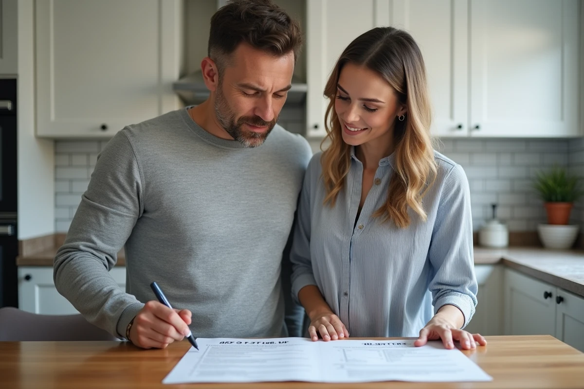 Propriétaire et locataire signant ensemble la liste de mobilier PDF d'une location meublée dans une cuisine équipée