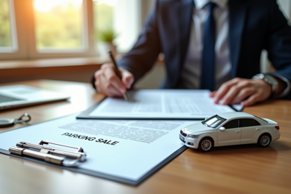 Personne signant des documents officiels avec clés et voiture