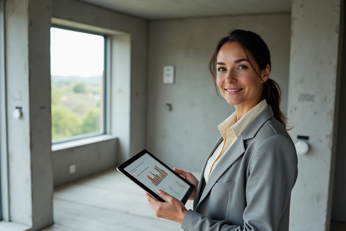Femme consultant une simulation fiscale sur tablette dans un appartement neuf en cours de finition