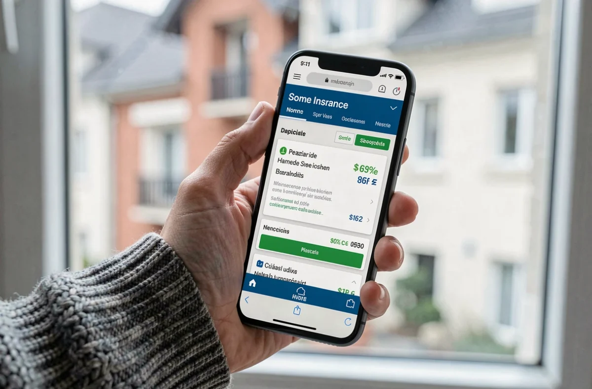 Main tenant un smartphone affichant un comparateur de prix d'assurance PNO en ligne