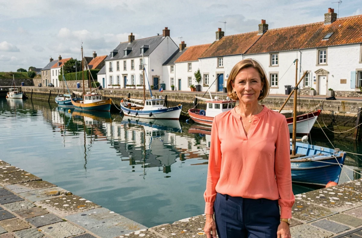 Agente de Square Habitat Étel au bord du port d'Étel avec les bateaux de pêche et les maisons blanches