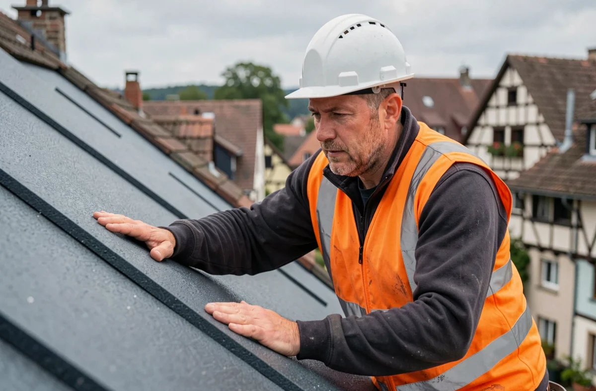 Artisan couvreur de Technitoit Grand Est inspectant une toiture rénovée avec isolation thermique sur une maison alsacienne