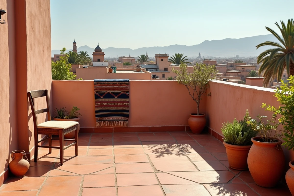 Terrasse sur toit d'une maison traditionnelle à vendre à Marrakech avec vue panoramique sur la médina et les montagnes de l'Atlas