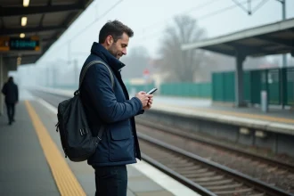 Homme en veste bleue sur le quai de la gare de Conflans-Sainte-Honorine consultant son téléphone avant de prendre le train pour Paris