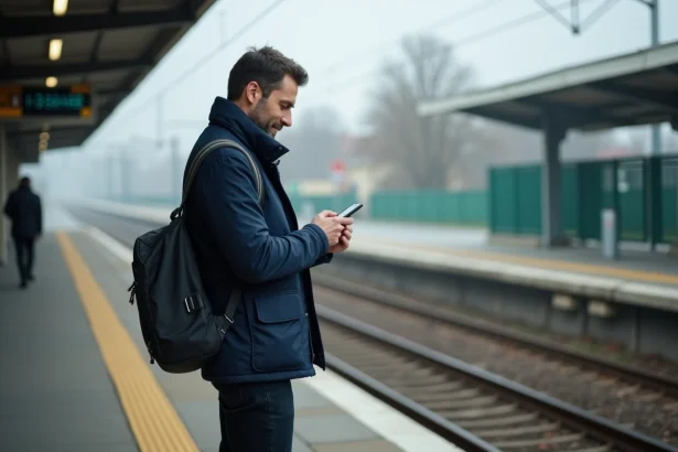 Homme en veste bleue sur le quai de la gare de Conflans-Sainte-Honorine consultant son téléphone avant de prendre le train pour Paris