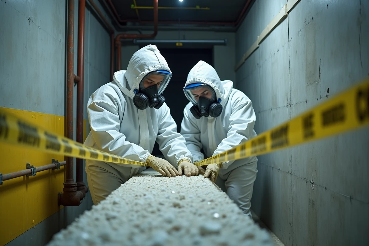 Deux ouvriers spécialisés en combinaison de décontamination retirant des matériaux amiantés dans un sous-sol industriel sécurisé