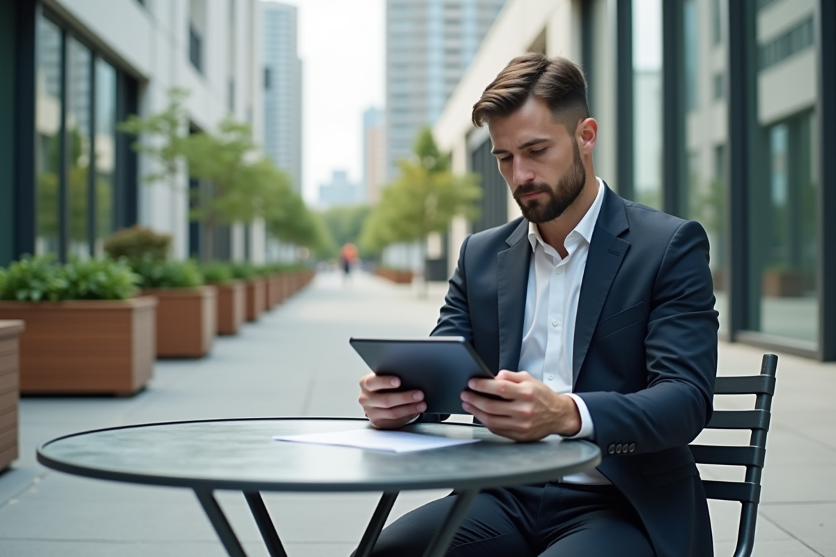 Jeune urbaniste examinant des documents sur une tablette dehors