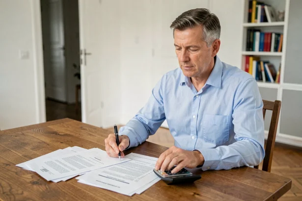 Vendeur immobilier analysant des documents de calcul de plus-value et forfait travaux en 2026