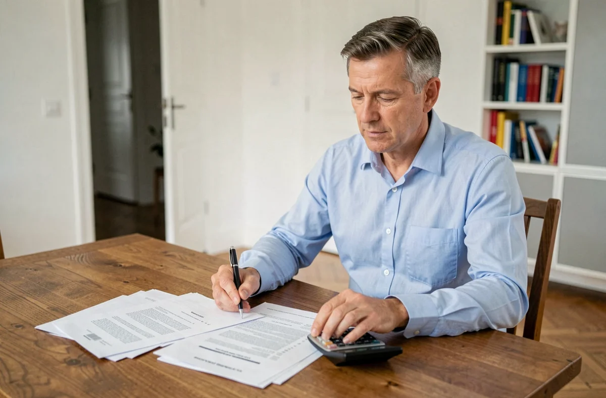 Vendeur immobilier analysant des documents de calcul de plus-value et forfait travaux en 2026