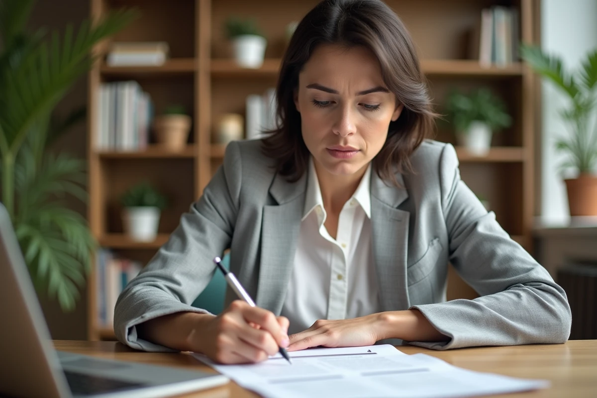 Femme vérifiant un contrat de location meublée avec une liste de mobilier obligatoire posée sur un bureau en bois