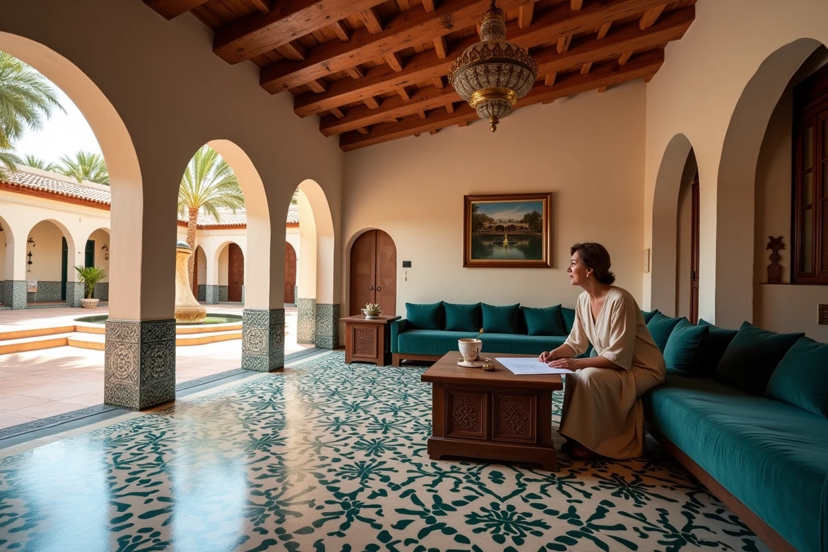 Intérieur raffiné d'une villa à vendre à Marrakech avec zellige traditionnel, plafond en cèdre sculpté et vue sur patio privé