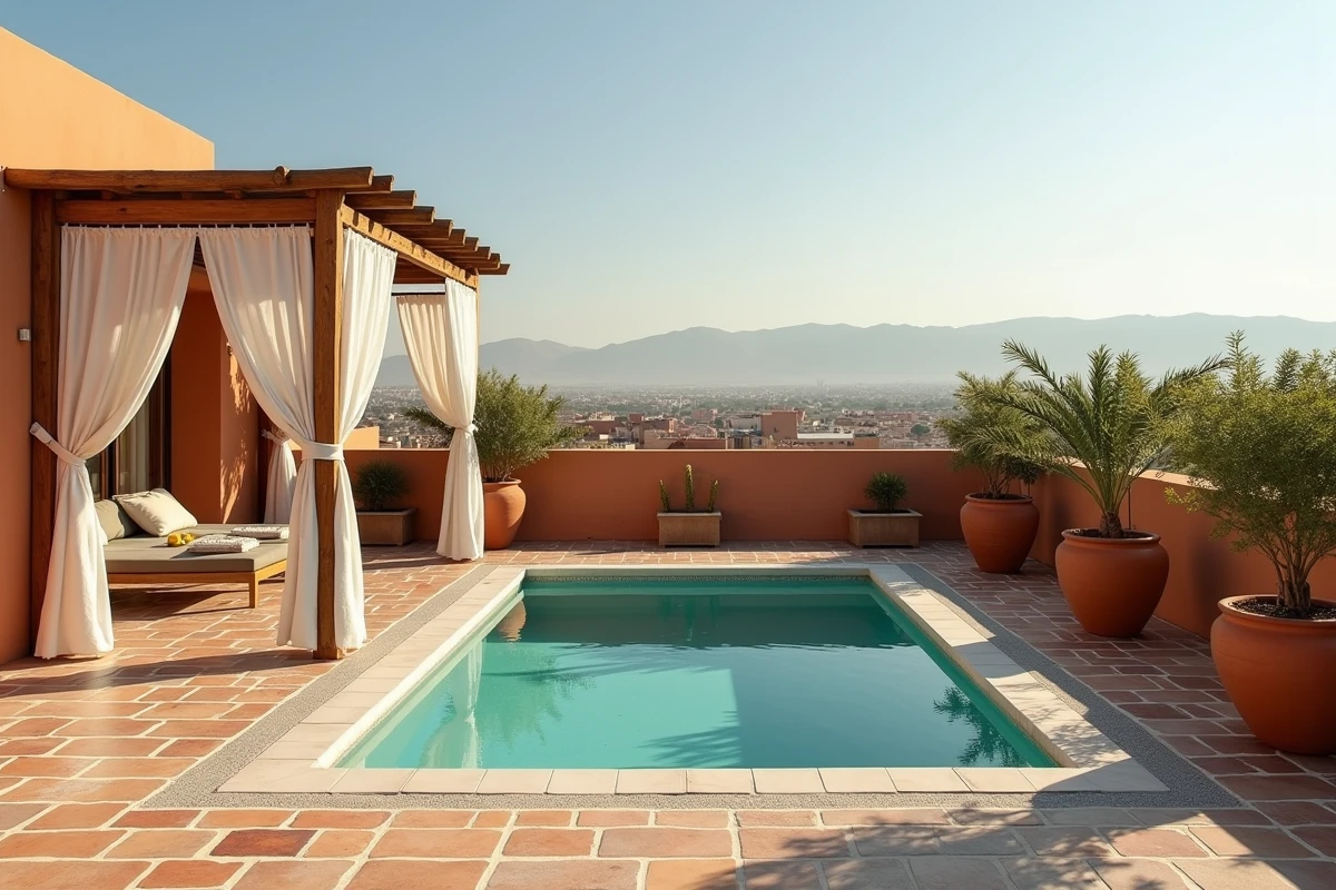 Terrasse privée avec piscine sur le toit d'une villa à vendre à Marrakech en résidence sécurisée avec vue sur l'Atlas