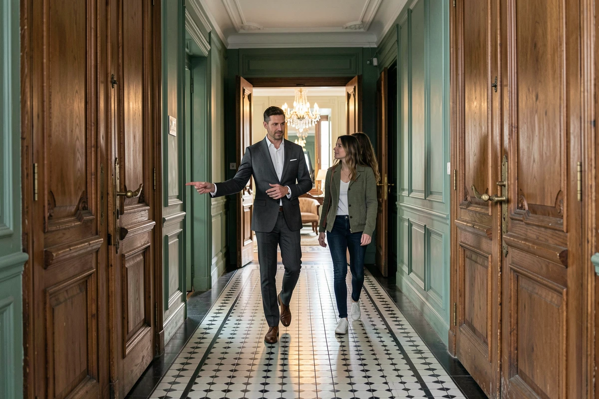 Agent immobilier présentant un appartement haussmannien à un couple dans un couloir avec carreaux de ciment et boiseries anciennes