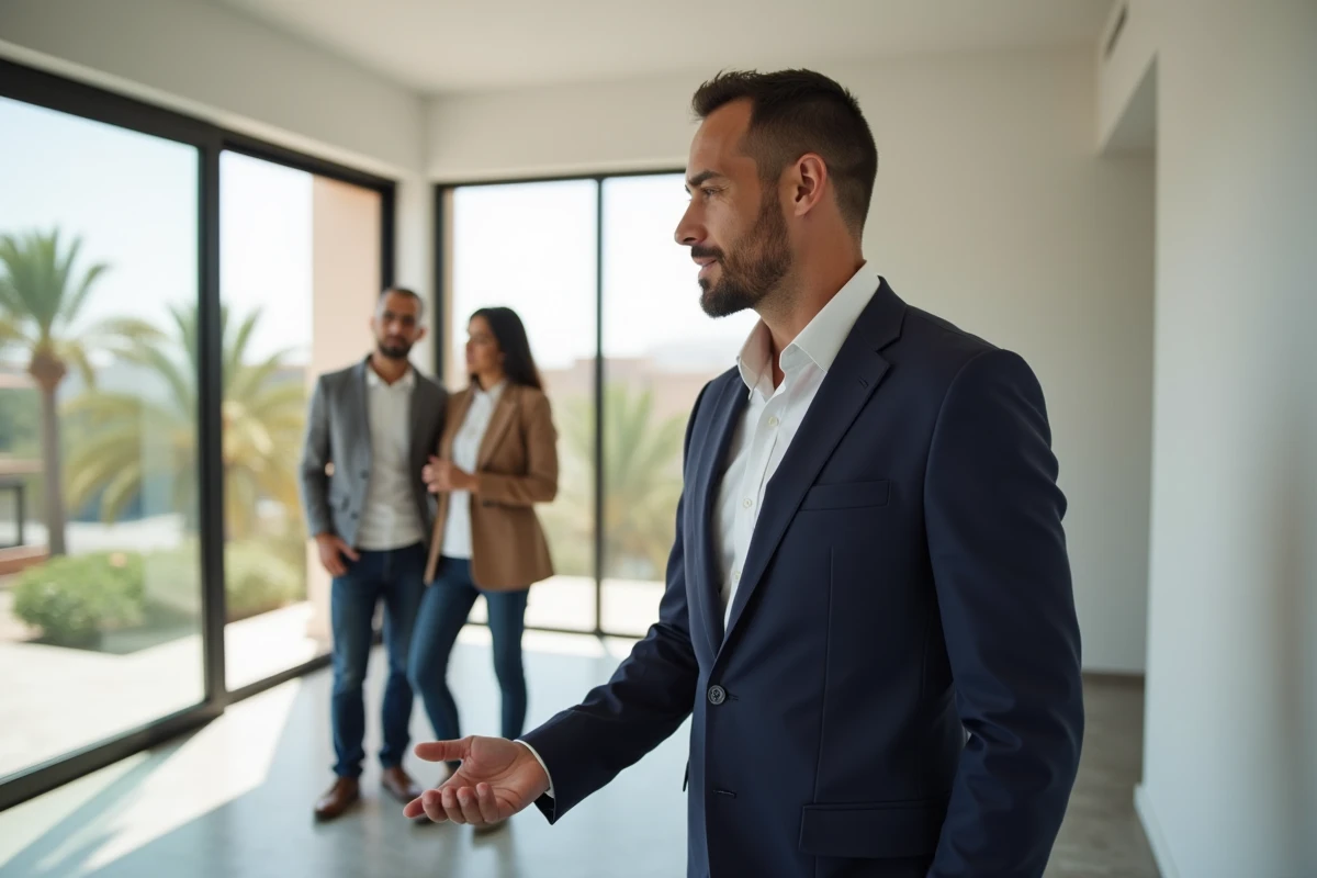 Agent immobilier faisant visiter un appartement moderne à vendre dans le quartier Guéliz de Marrakech