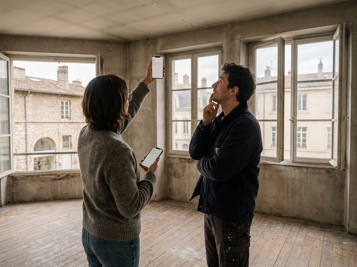 Couple visitant un appartement vide à Lyon lors d'une visite immobilière pour primo-accédants