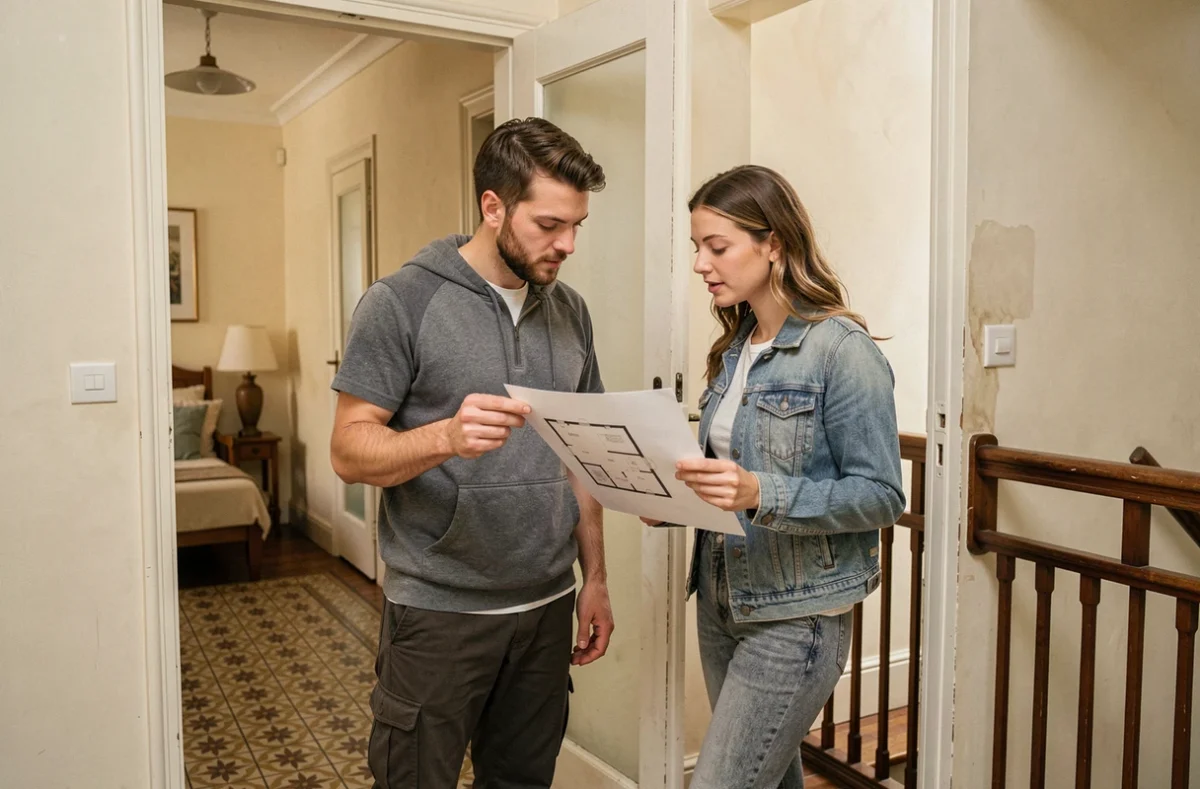 Couple visitant un studio T1 et examinant le plan de l'appartement devant la porte ouverte
