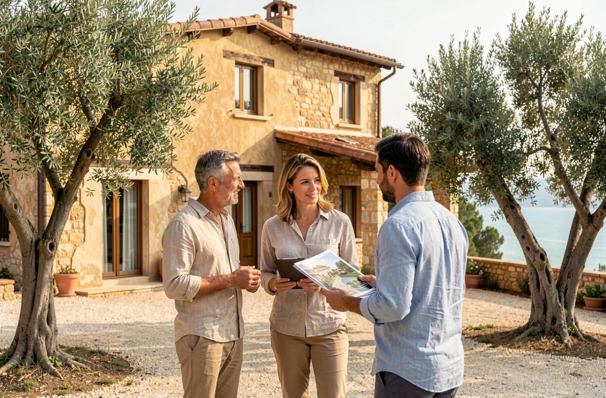 Couple visitant une villa provençale avec un agent immobilier dans les collines des Alpes-Maritimes