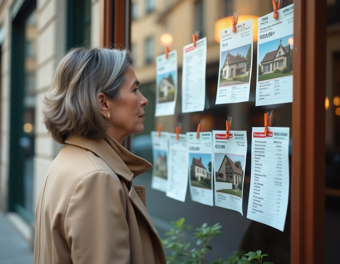 Femme consultant les annonces immobilières en vitrine d'une agence à Blois avec prix variés affichés