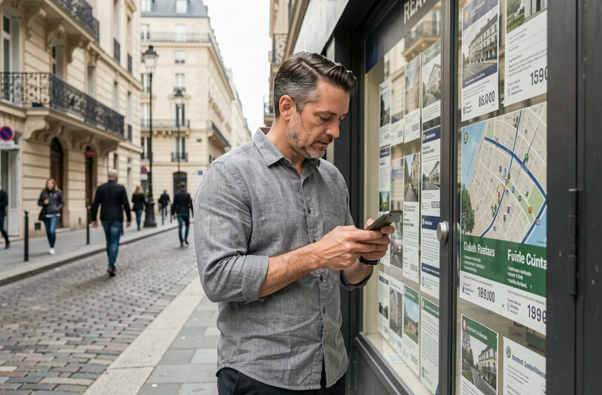 Homme consultant les annonces immobilières en vitrine d'une agence dans le 10e arrondissement de Paris