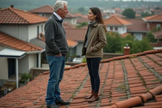 Voisins discutant sur un toit en tuiles vieillies