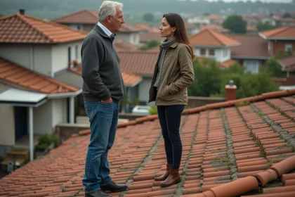 Voisins discutant sur un toit en tuiles vieillies