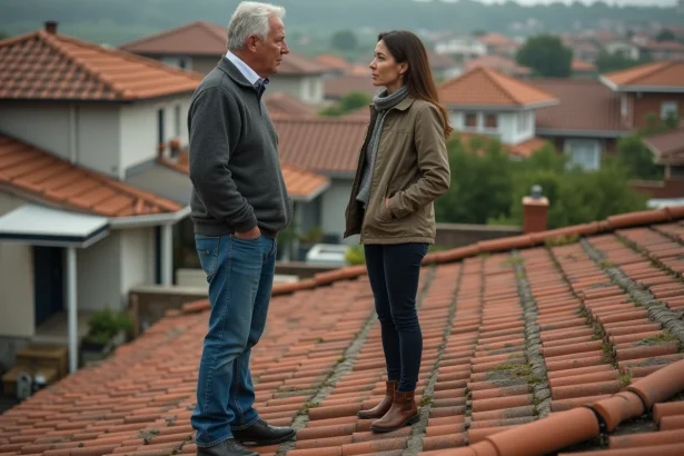 Voisins discutant sur un toit en tuiles vieillies