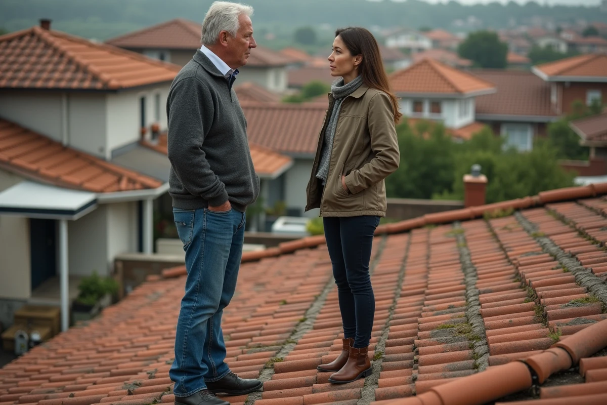 Voisins discutant sur un toit en tuiles vieillies
